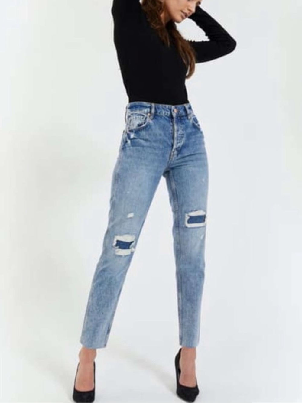 ANINE BING Denim Betty High Rise Relaxed Straight Ripped Jeans Size 26 True Blue